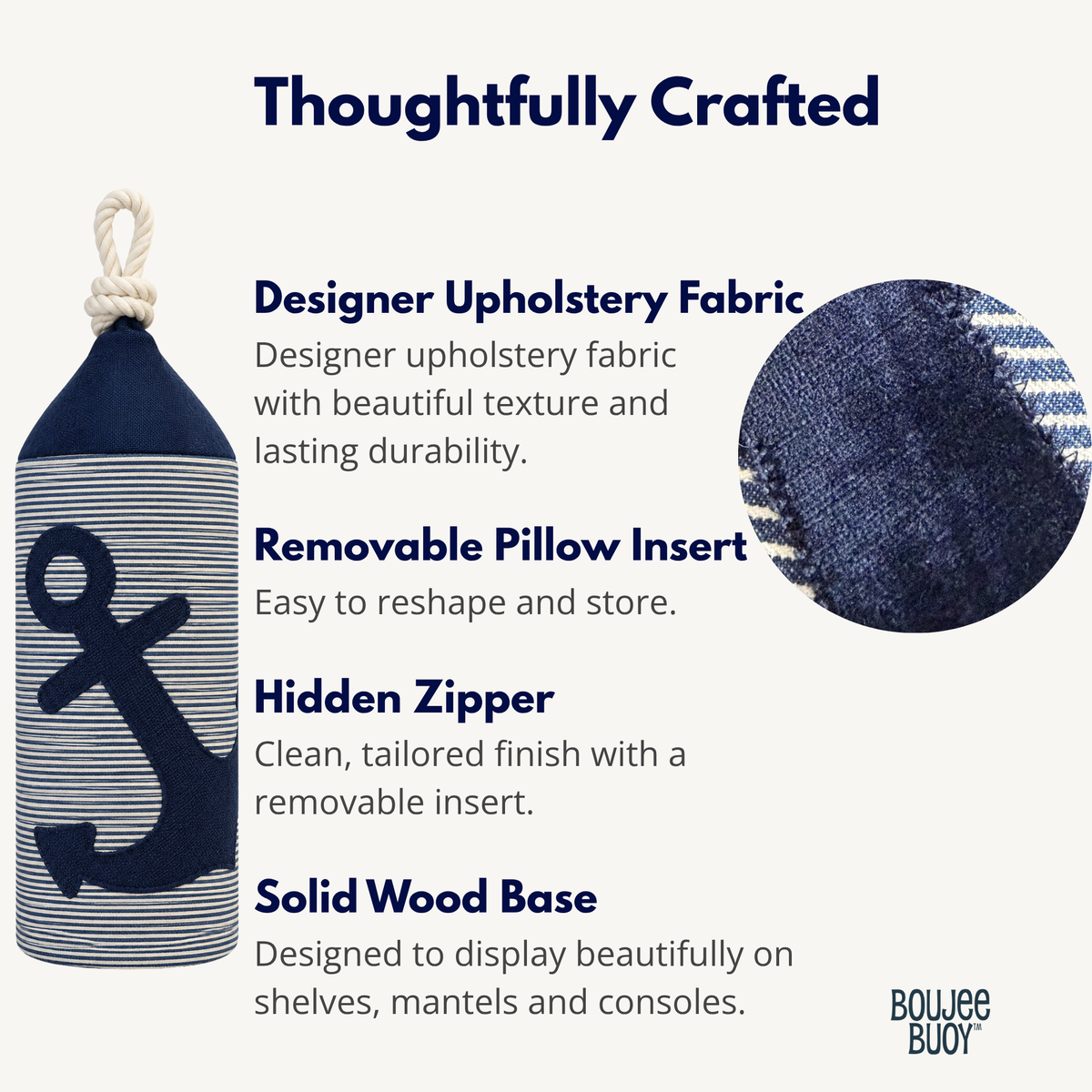 Boujee Buoy™ Decorative Buoy Pillow – Pinstripe Anchor Appliqué