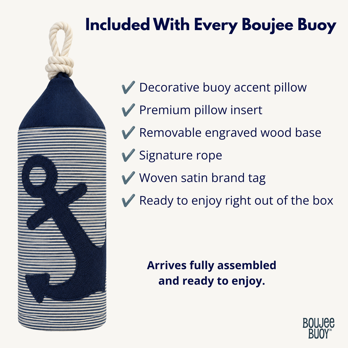 Boujee Buoy™ Decorative Buoy Pillow – Pinstripe Anchor Appliqué