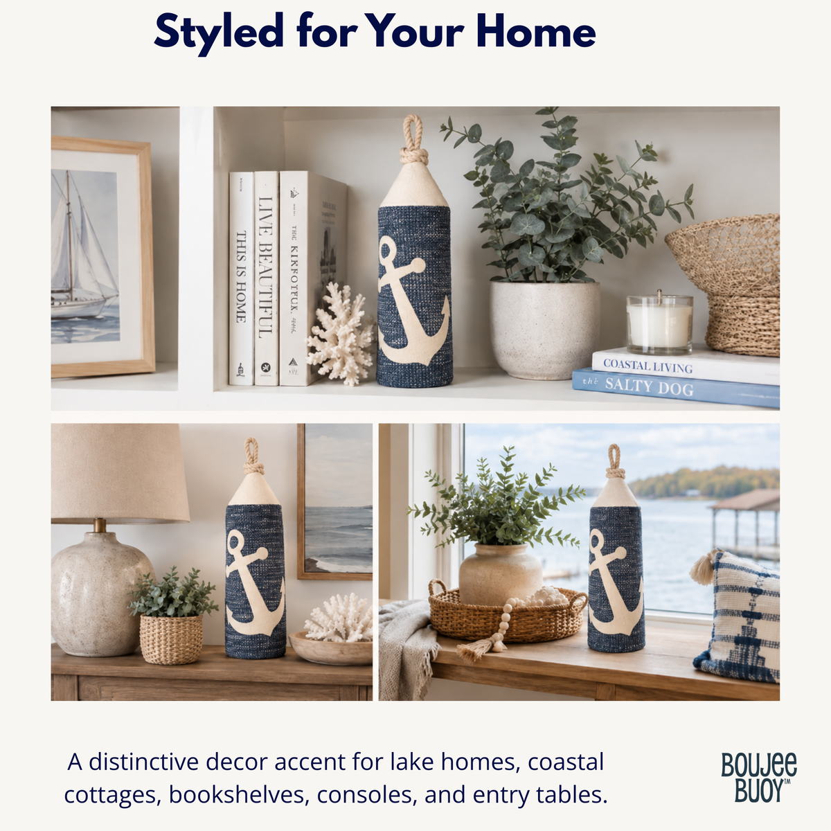 Boujee Buoy Anchor Appliqué decorative pillow styled in coastal home decor