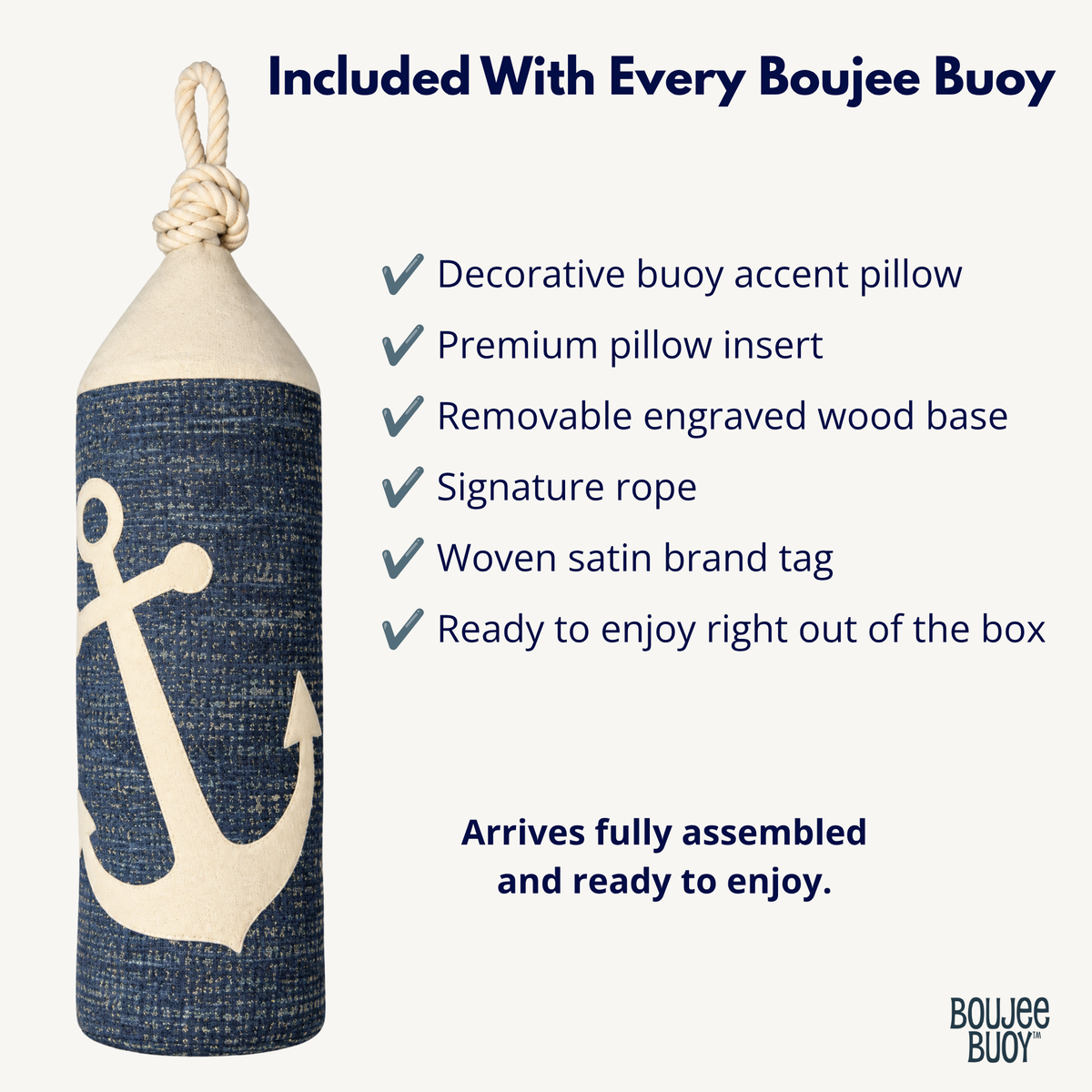 Boujee Buoy Anchor Appliqué decorative pillow with removable insert, wood base and signature rope