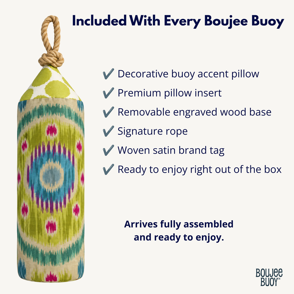 A decorative Boujee buoy floating ornament with a colorful ikat pattern in green, yellow, pink, and blue, featuring a rope loop at the top. The image includes promotional text detailing what is included with every Boujee buoy on a light off-white background.