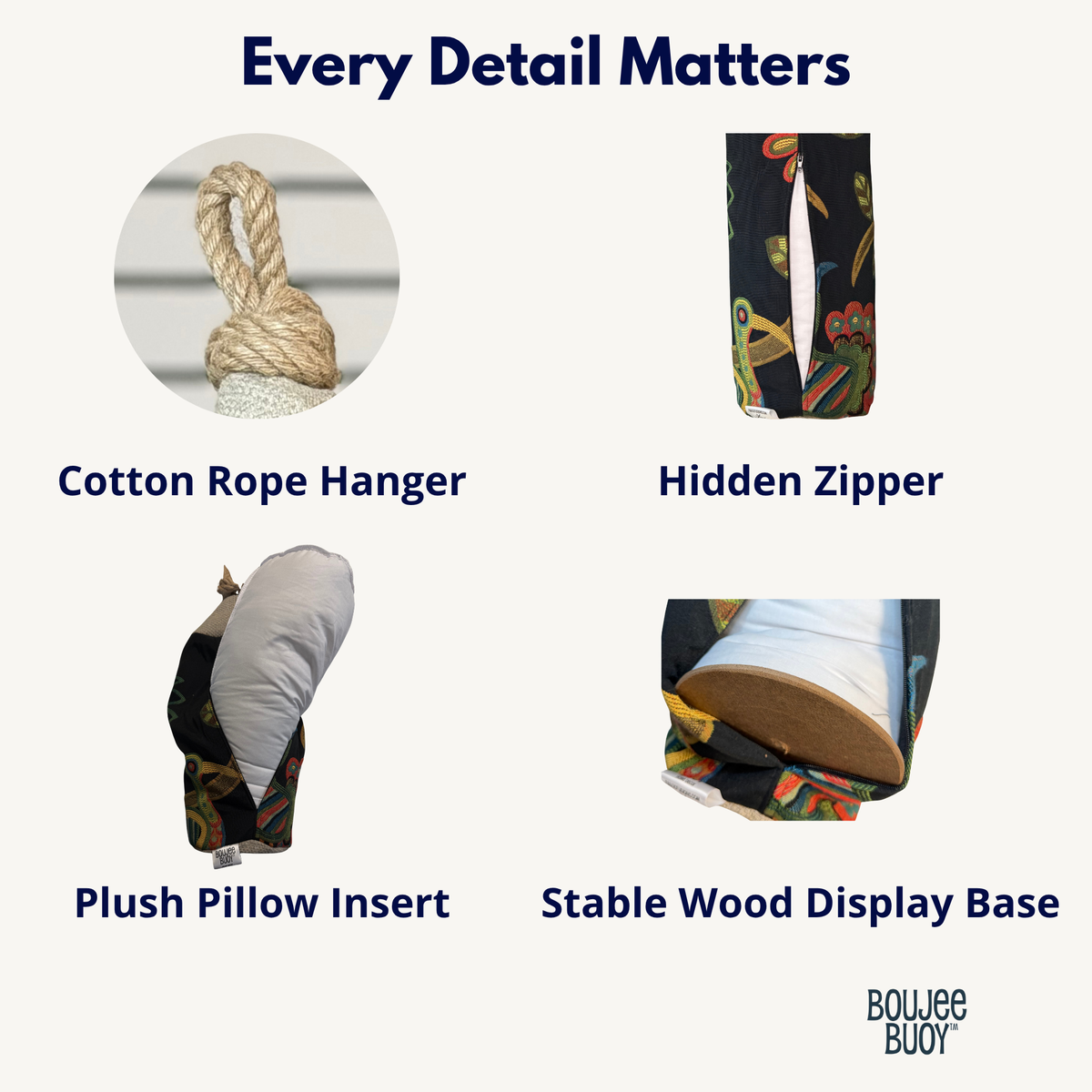 An infographic detailing the features of a Boujee Buoy cotton rope hanger set on a light cream background. The text reads 'Every Detail Matters' at the top, with four circular images showing: a cotton rope hanger with a knotted rope, a black hanger with a colorful patterned insert and a hidden zipper, a plush pillow insert, and a stable wood display base.