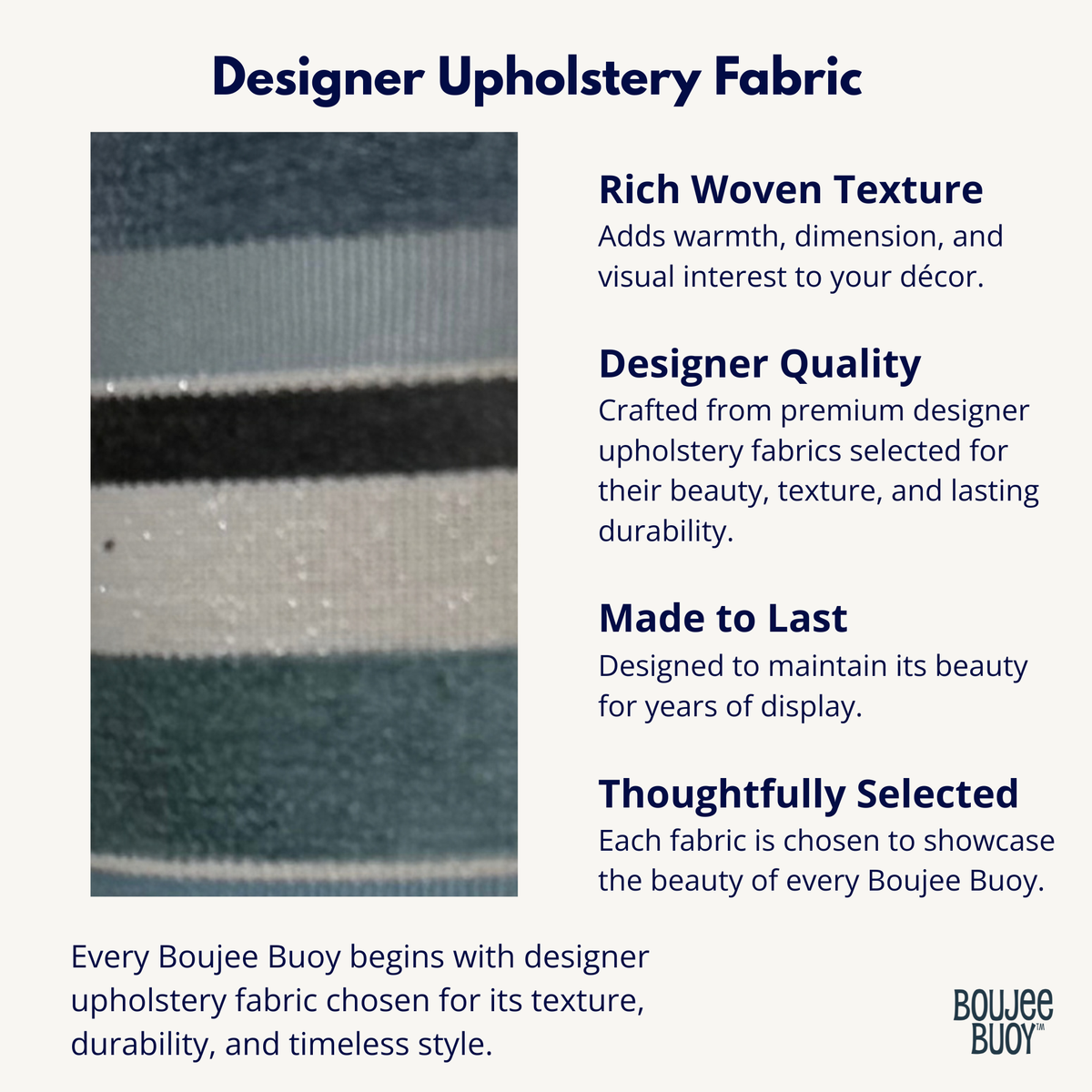 Promotional graphic for Boujee Buoy designer upholstery fabric, featuring a close-up swatch of a striped fabric on the left and descriptive text on the right highlighting rich woven texture, designer quality, longevity, and thoughtful selection.