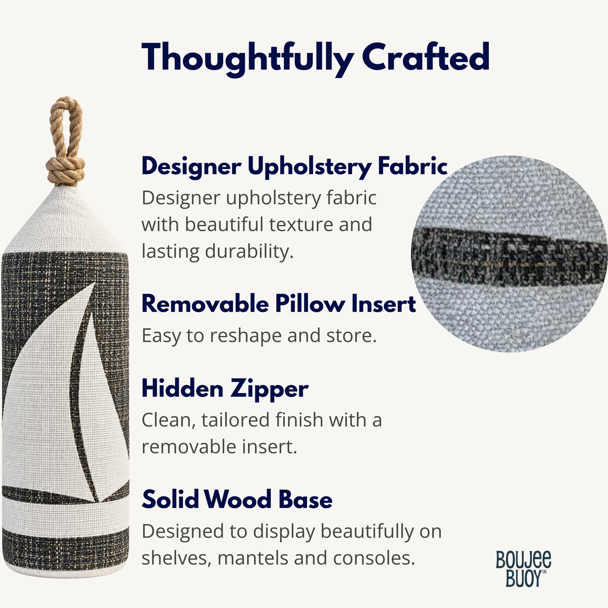 Boujee Buoy nautical decorative pillow featuring a sailboat design, textured designer upholstery fabric, a solid wood base, and a rope top handle, with product feature callouts detailing a removable insert and hidden zipper.
