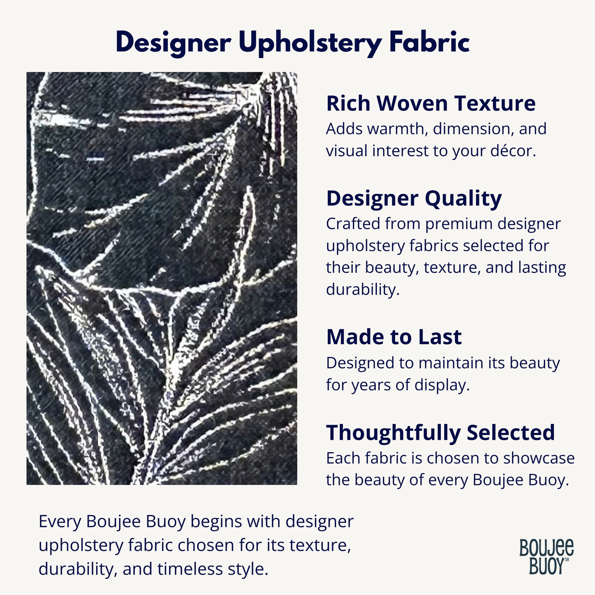 Promotional graphic for Boujee Buoy designer upholstery fabric, featuring a close-up texture sample on the left and five descriptive text points on the right against a light gray background.